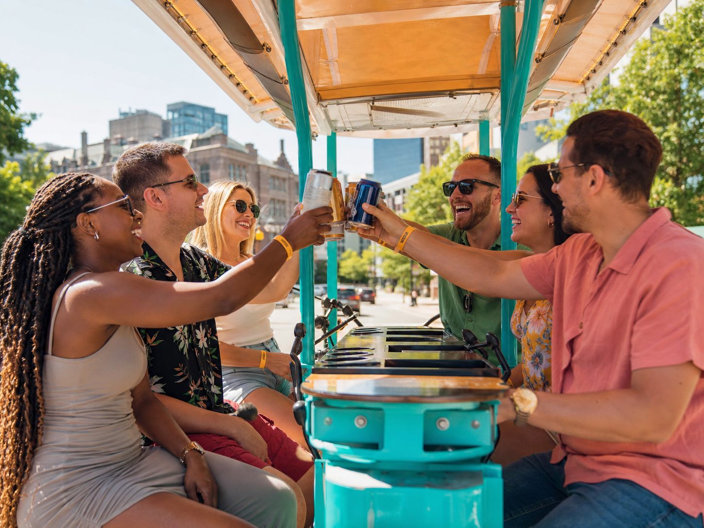Friends celebrating on a pedal pub bike in Ottawa