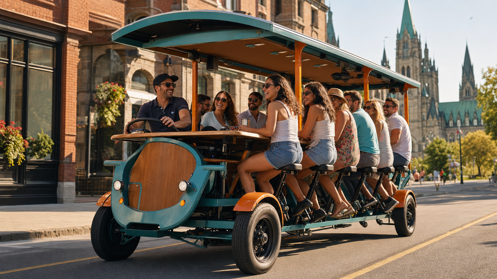 Group riding a pedal pub bike through downtown Ottawa